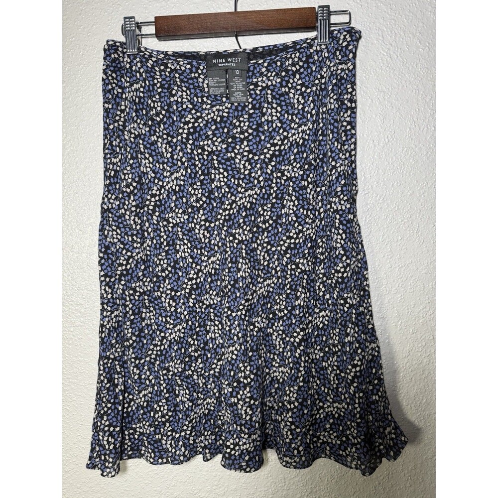Vintage Nine West Separates 100% Silk Floral Midi Skirt Blue Black White Size 10
